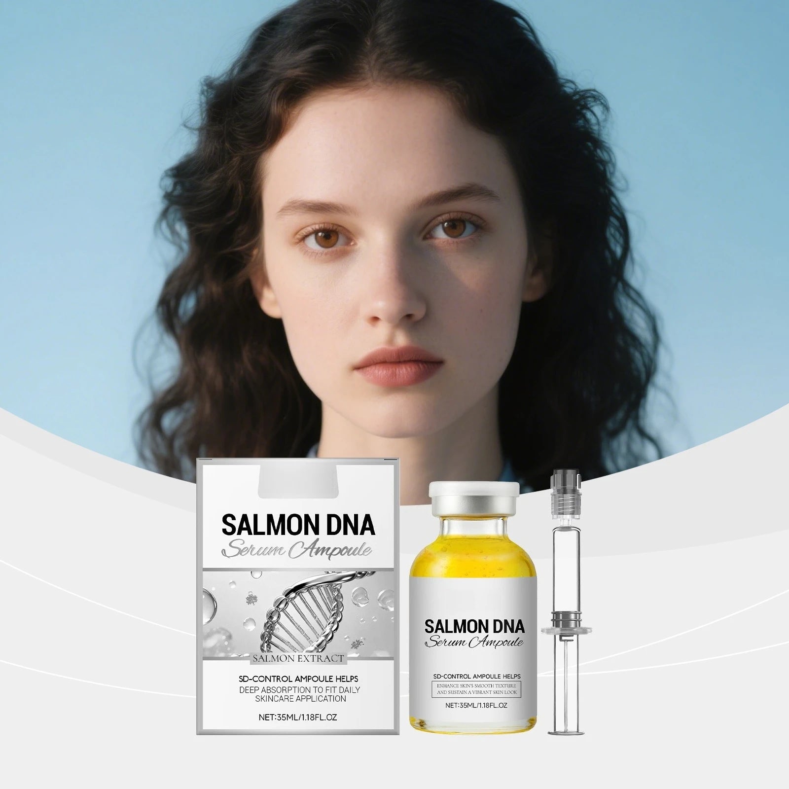 Salmon DNA Serum Ampoule: Anti-aging collagen peptide complex in a clear glass bottle for youthful, firm skin.