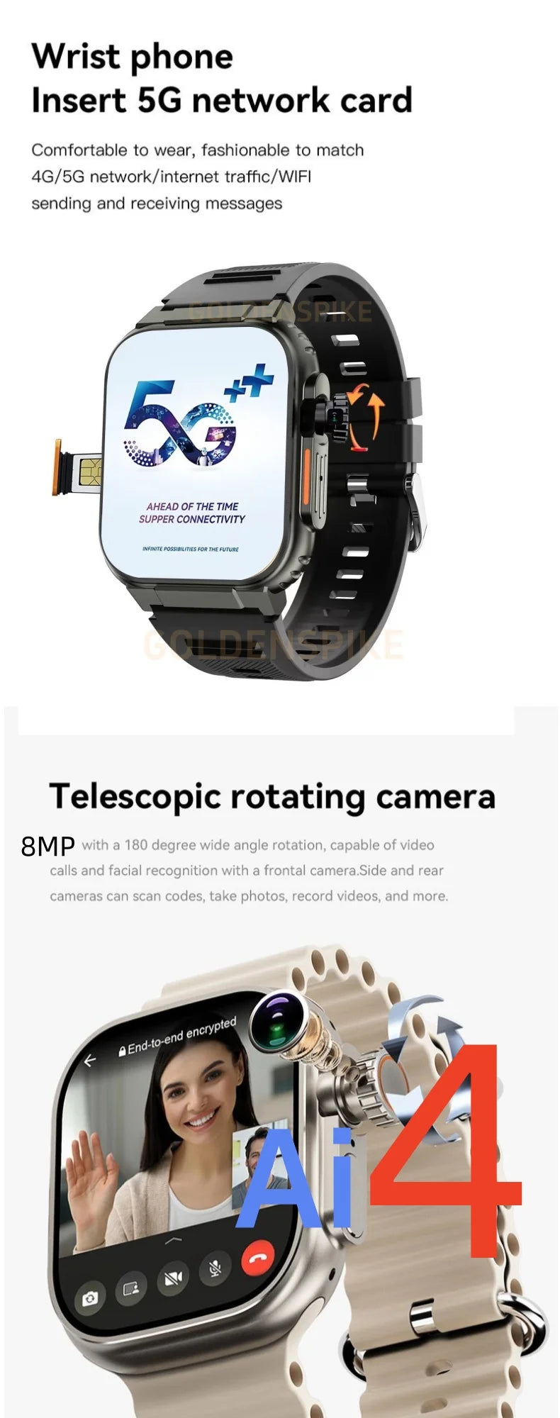 Microwear Ultra Ai4 Smartwatch 5G LTE Full Netcom Smart Watches With 180° Rotary Camera 500+ watchfaces free download GPS WIFI