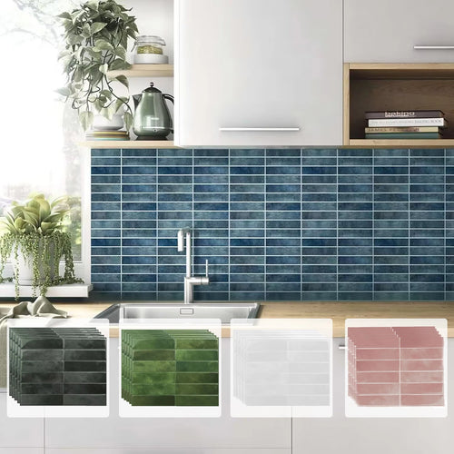 Peel-and-stick backsplash tile sheets in dark tones, glossy mosaic grid sample set