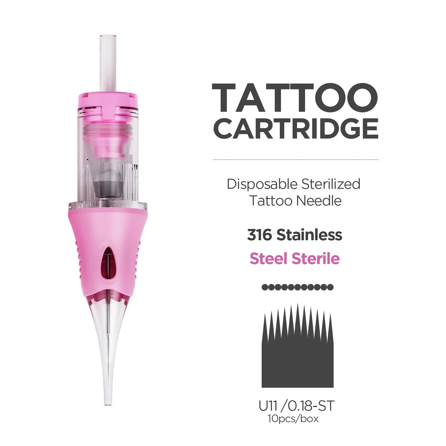 Pink disposable tattoo cartridge with 316 stainless steel needle for precise tattooing.