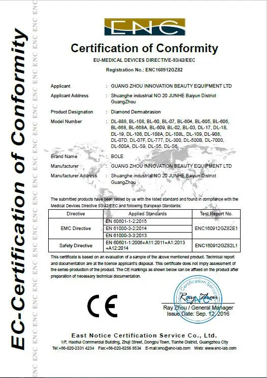 An ENC Certification of Conformity document for Diamond Dermabrasion beauty equipment, dated September 2016.