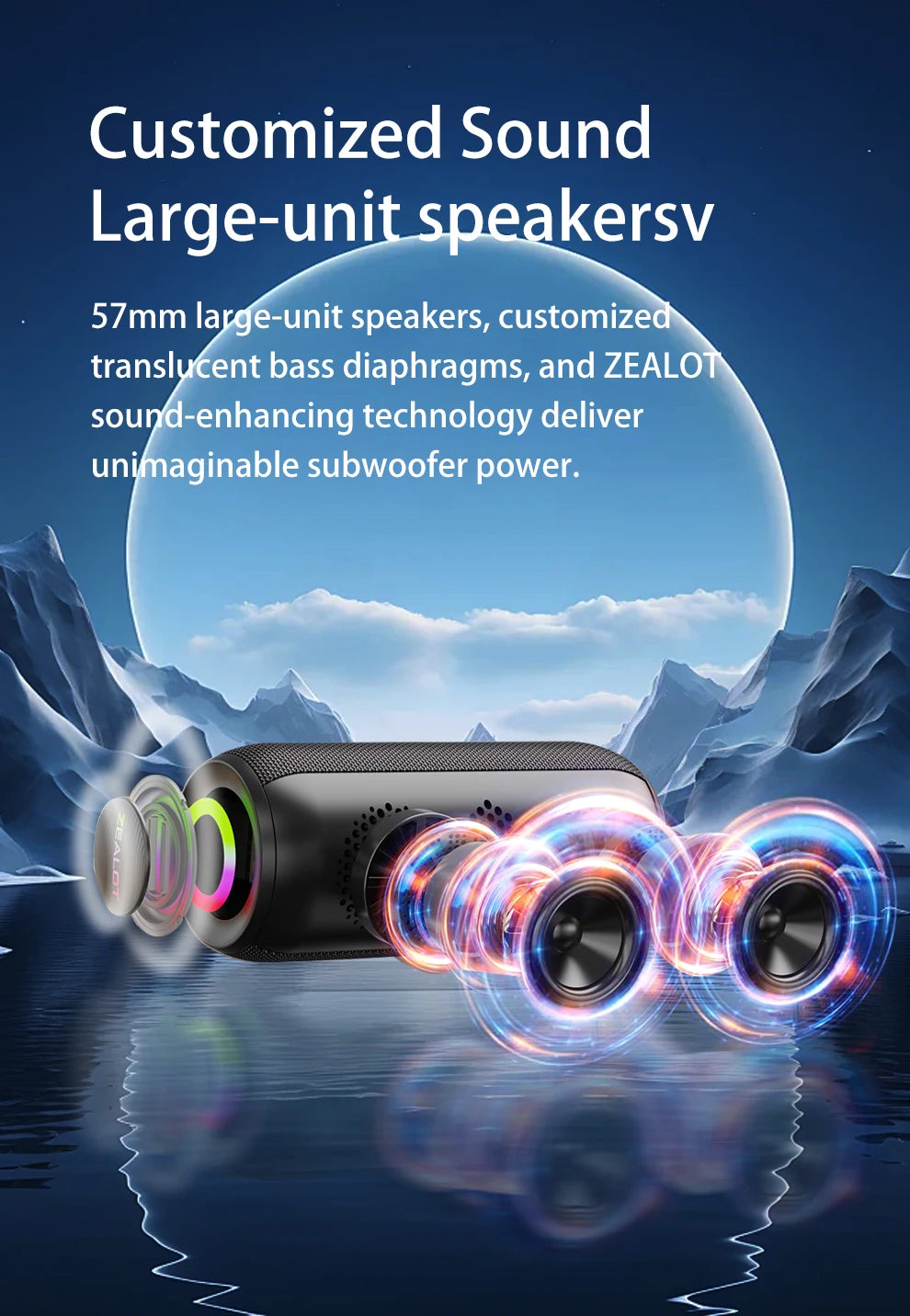 Zealot S32 MAX Outdoor Portable Subwoofer Wireless Speaker,Waterproof IPX 5,Dual Pairing, 3600mAh Battery.