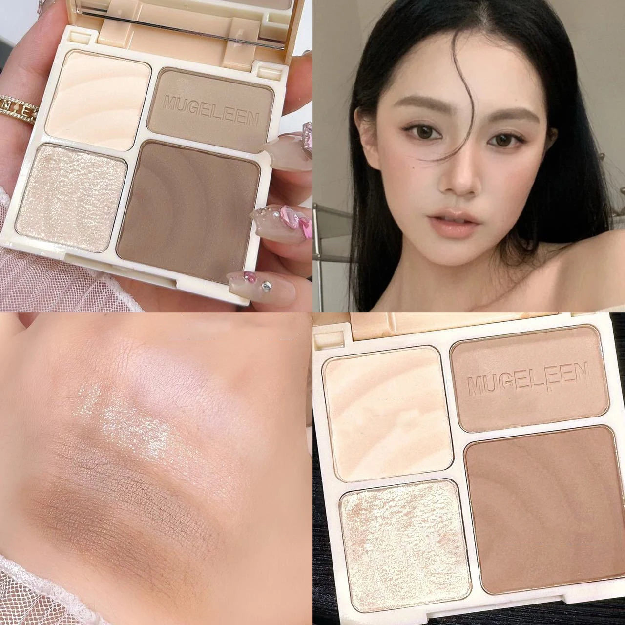 Tidesmit 4-color matte and glitter facial contour palette for 3D bronzing and highlighting makeup shade swatch