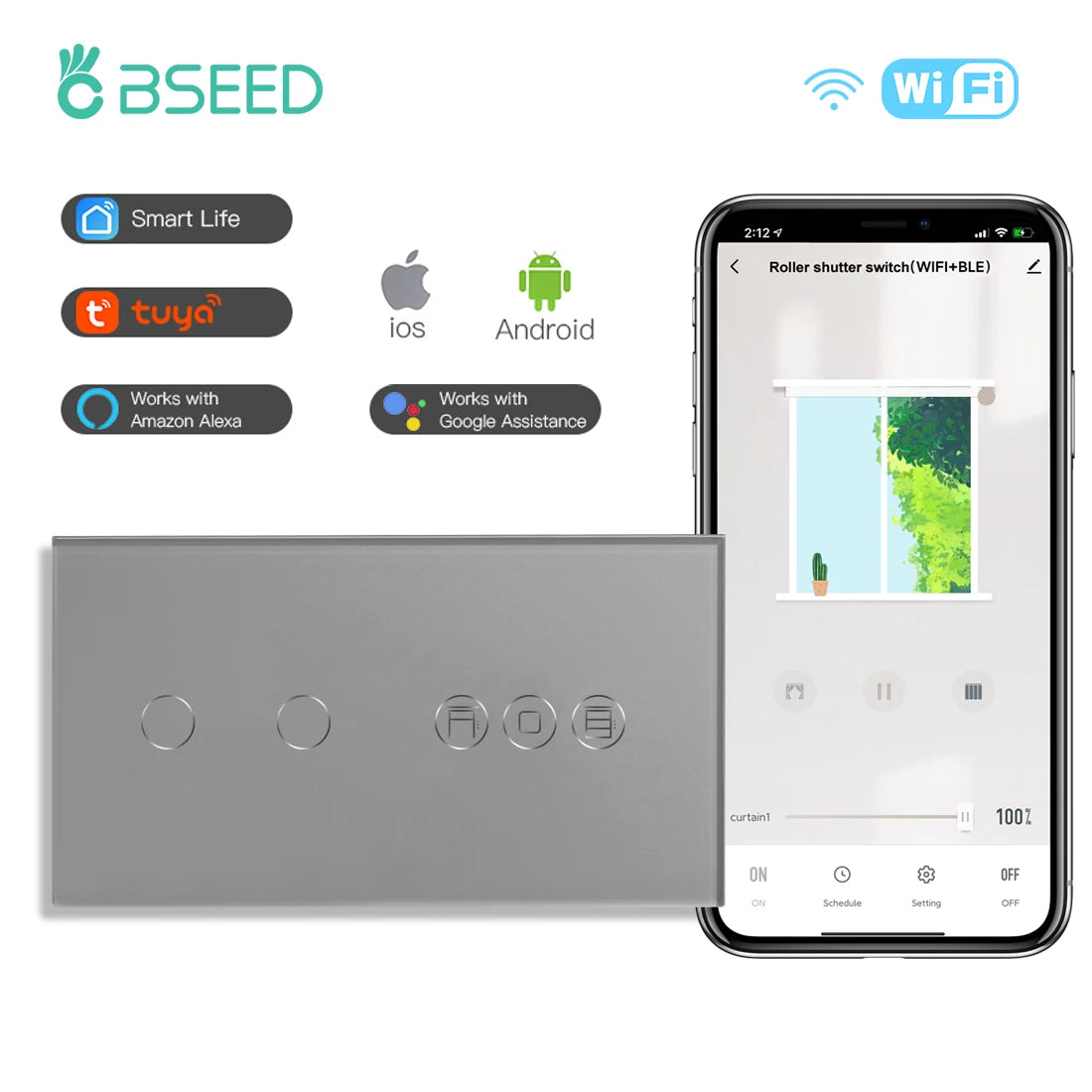 Tidesmit Smart WiFi Shutter Switch - App Controlled Roller Blind Timer Wifi 2Gang Gray Tidesmit