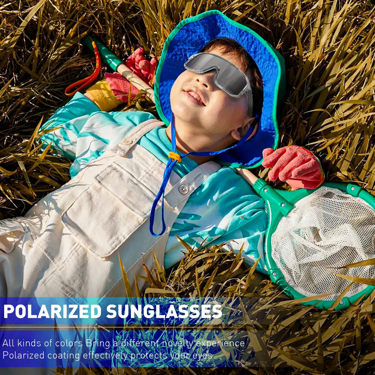 Kids sport sunglasses with dark lenses and blue hooded frame, worn outdoors