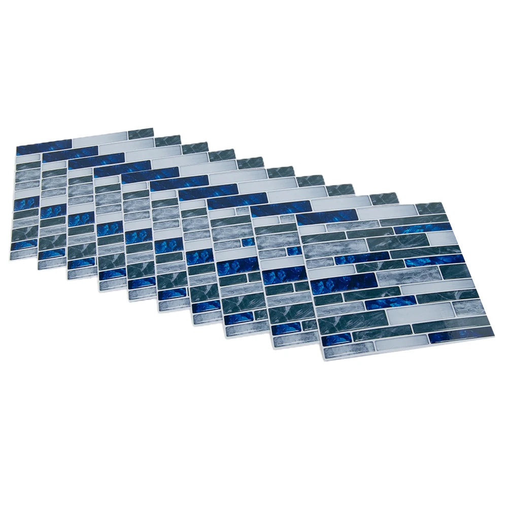 Self-adhesive 3D mosaic tile sticker sheets with blue and gray brick tile pattern, set of 10.