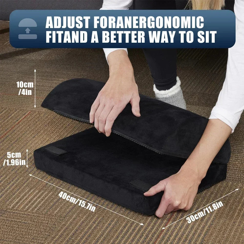 Adjustable black ergonomic under-desk footrest for back and knee pain relief, showing dimensions and 2-in-1 design.