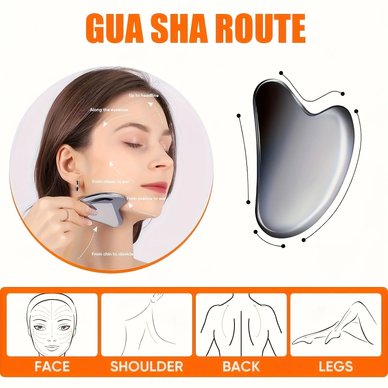 Heart-shaped silver stainless steel gua sha tool used for lymphatic drainage massage on face, shoulders, back, and legs.
