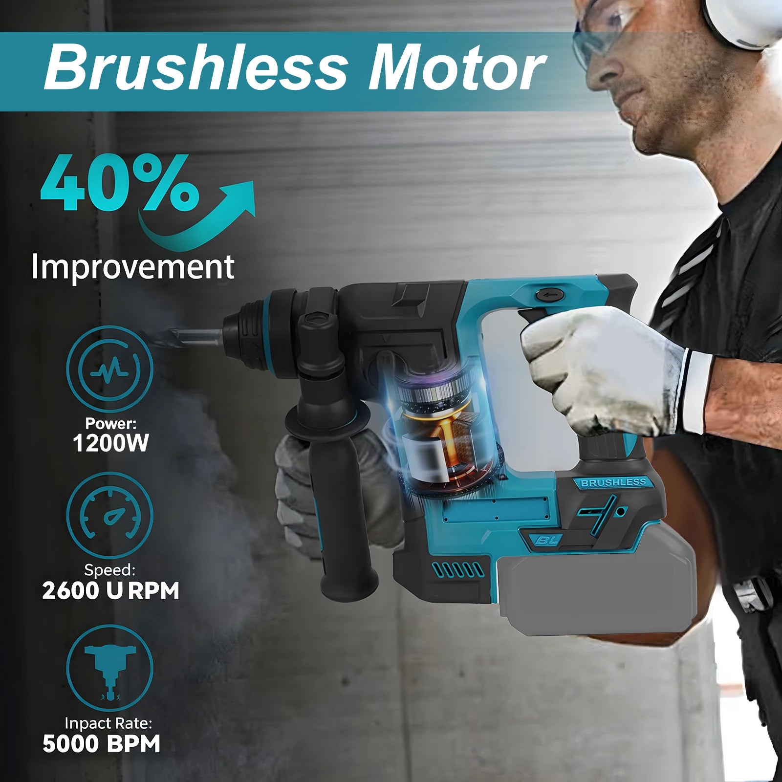 Podofo Brushless Cordless Rotary Hammer Drill Bare Tool Dual Modes Drilling Hammer Drilling For Concrete Brick Stone Masonry Wood Metal Home Renovation Heavy Duty Construction DIY Power Tool