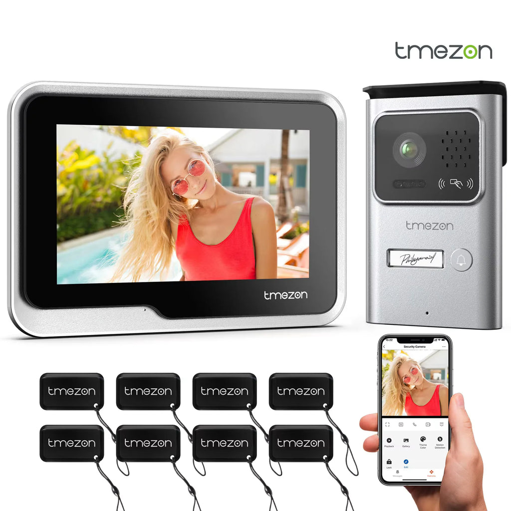 TMEZON 730 2 Wire 7 Inch Tuya App 1080P Wifi Smart Video DoorPhone Intercom System with Wired Doorbell APP/Password/Card Swipe TouchScreen