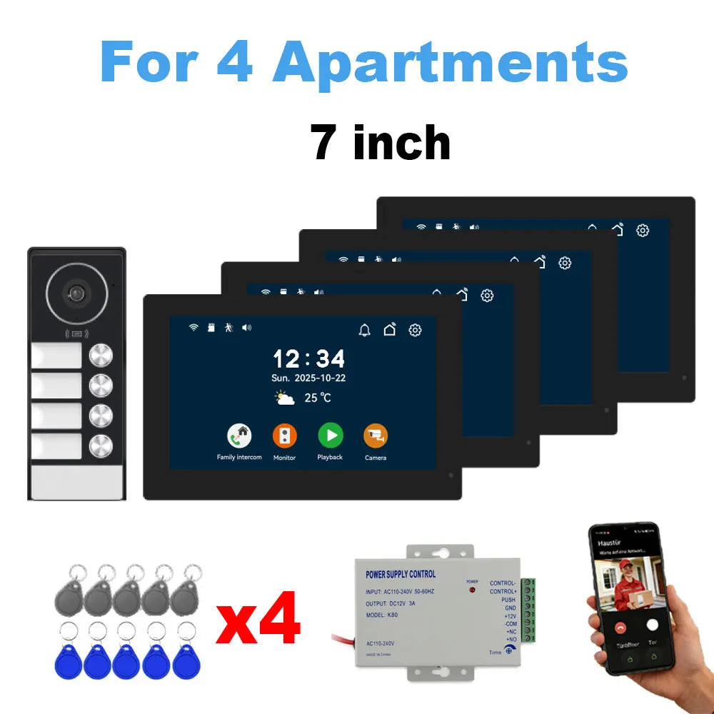 2-4 Unit Home 2 Wire 7inch Touch Video Intercom for Apartments Residential Video Door Phone System with RFID Card APP Unlock ﻿