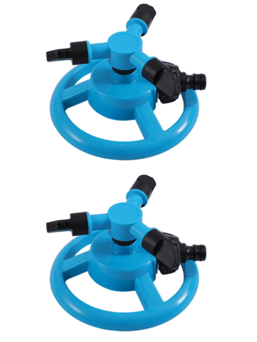 Blue rotating sprinkler nozzle shown in two views with adjustable arms and hose connector