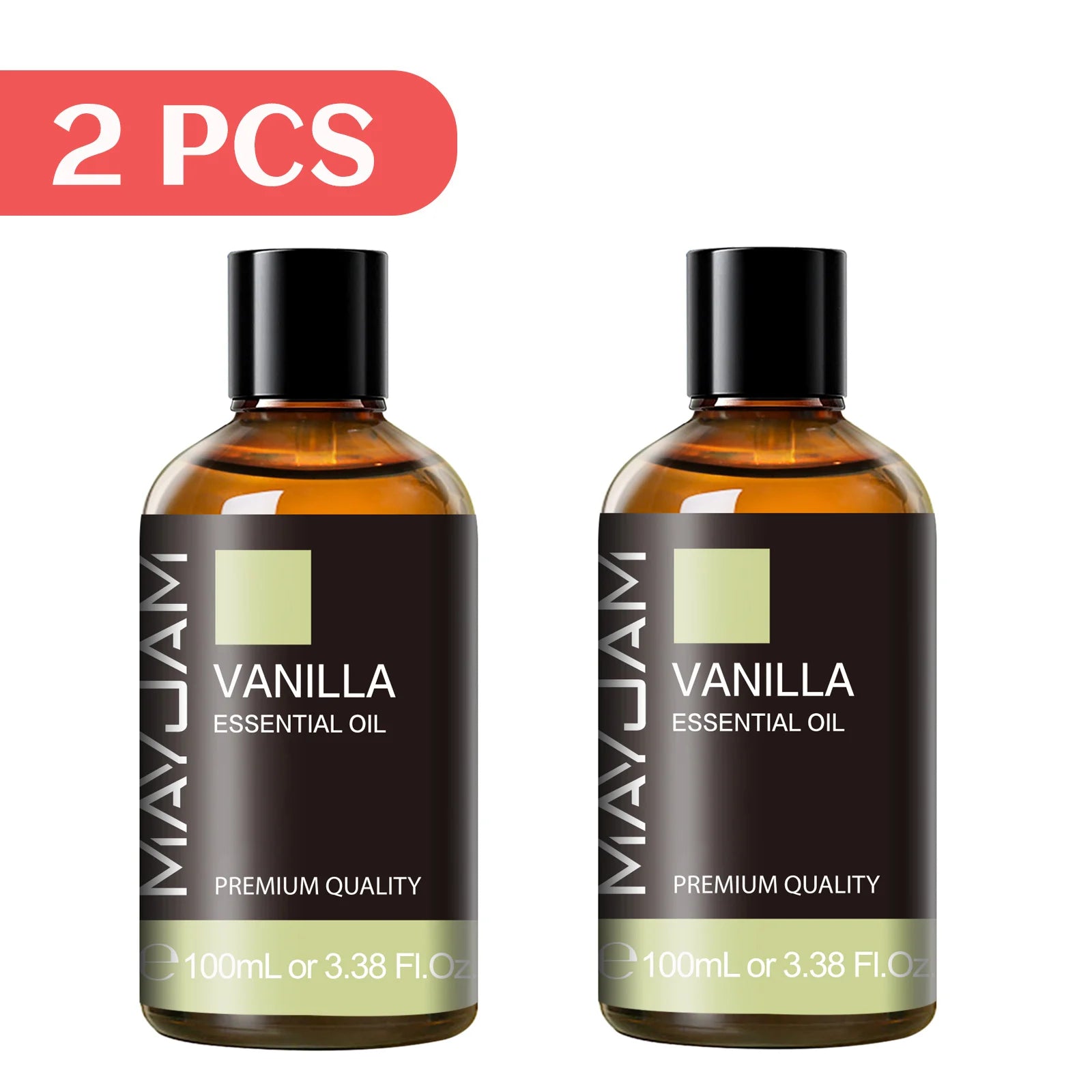 Vanilla essential oil, 2x100ml amber bottles with black caps.
