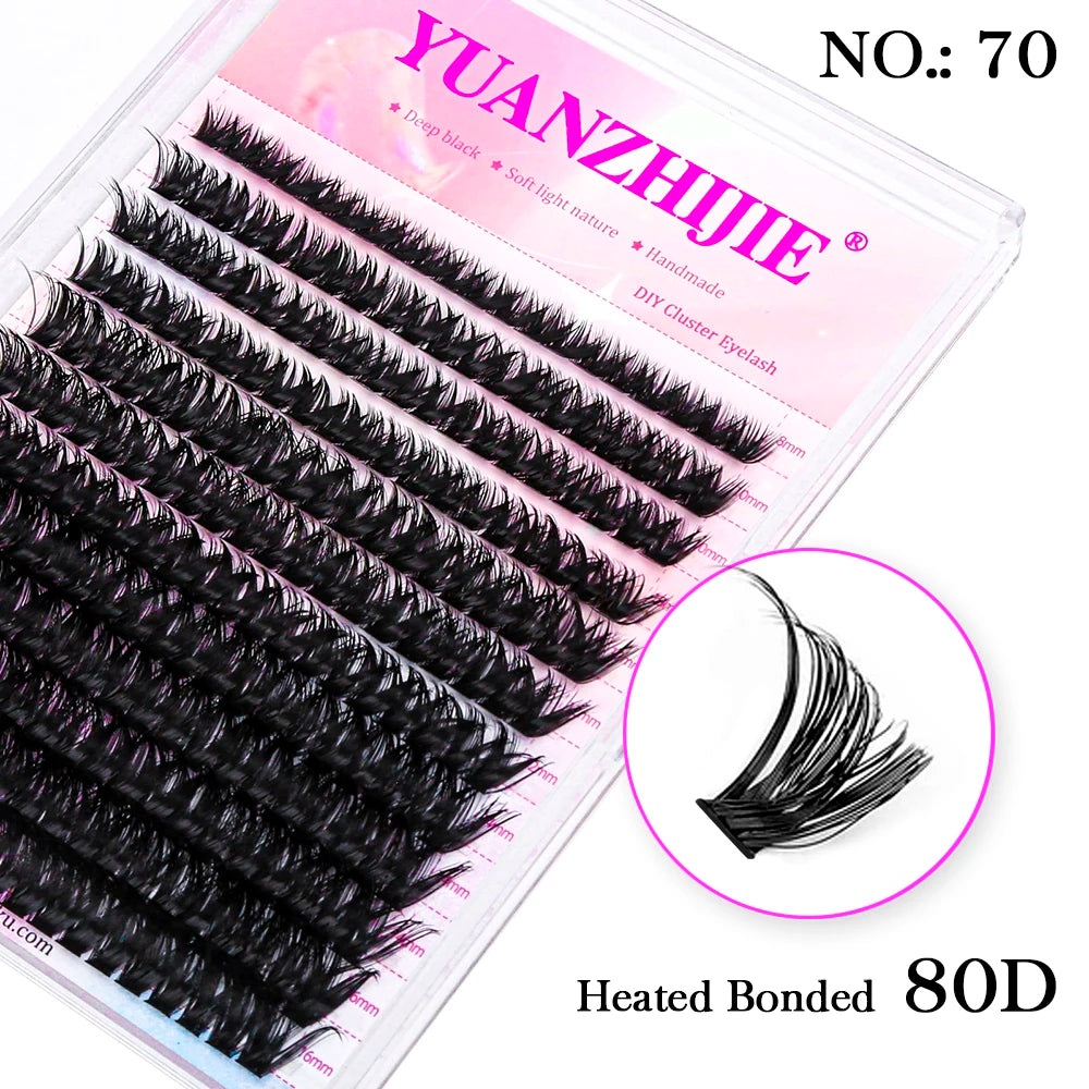 A tray of 144 black 80D heated-bonded cluster lashes with segmented mink-style strands for DIY application.
