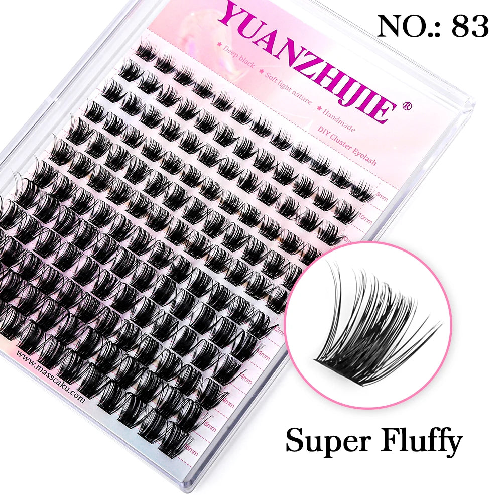 Clear tray of 144 black, fluffy segmented mink cluster lashes in various lengths, labeled NO. 83 by YUANZHIJIE.