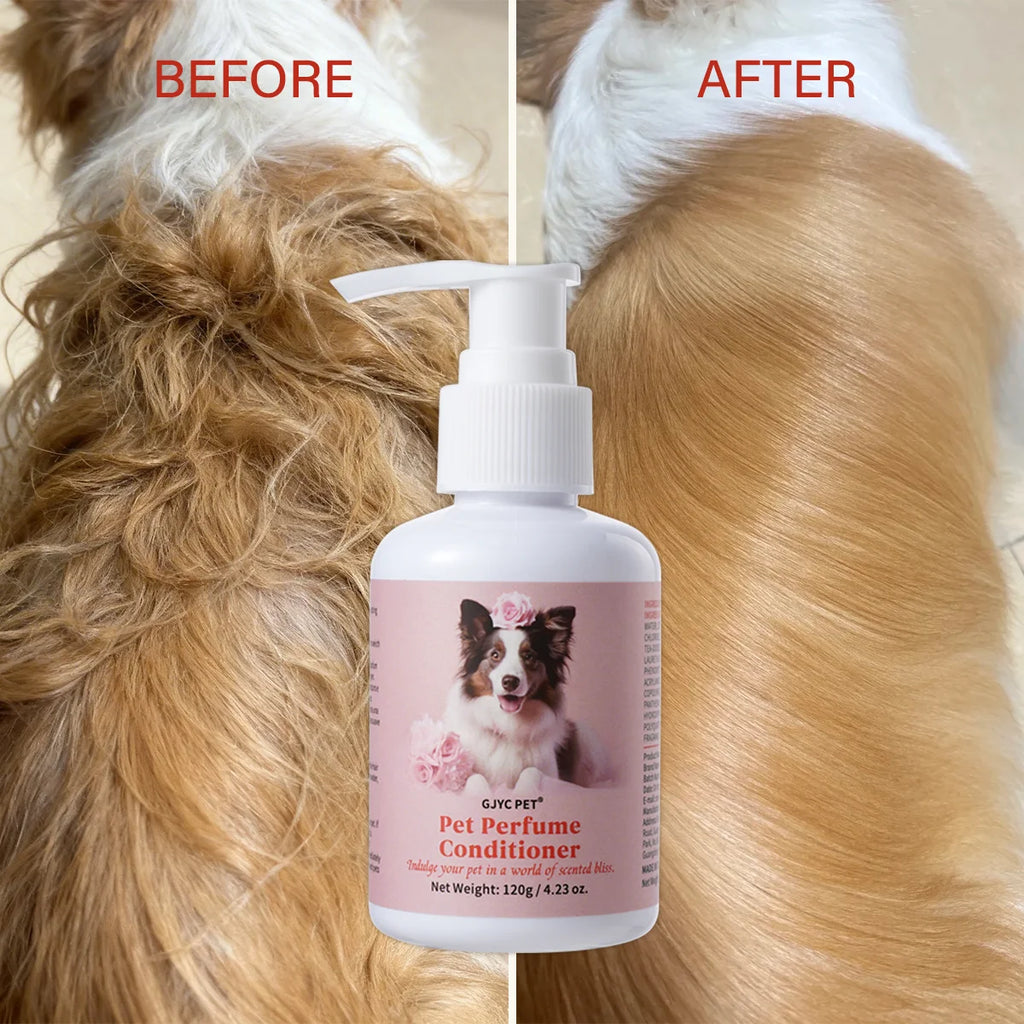 Natural pet conditioner bottle for dogs and cats, hydrating formula for a soft, shiny coat and fresh scent.