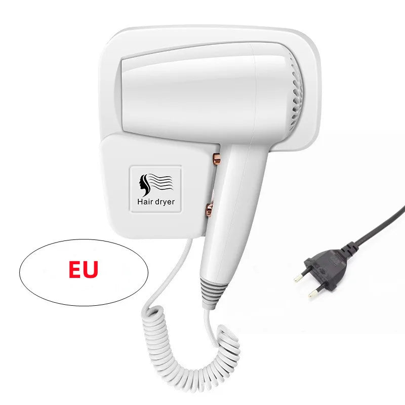 White wall-mounted hair dryer with coiled cord and EU plug for home or hotel bathroom. Compact, non-perforated design.
