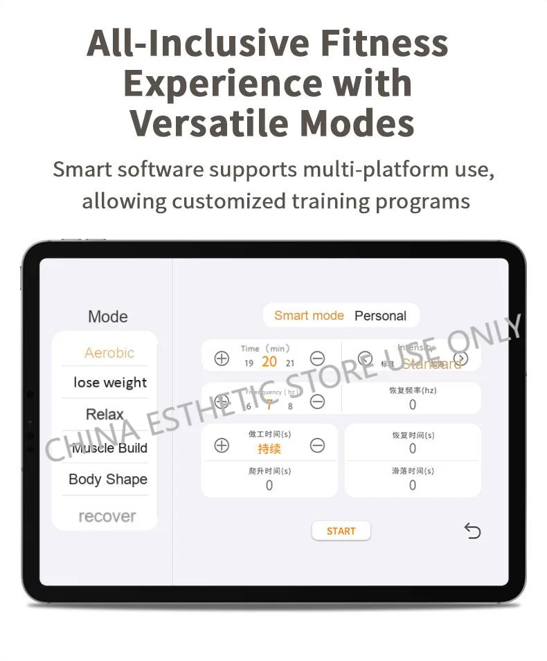 Tablet showing EMS fitness equipment software with custom muscle training modes like weight loss and body shaping.