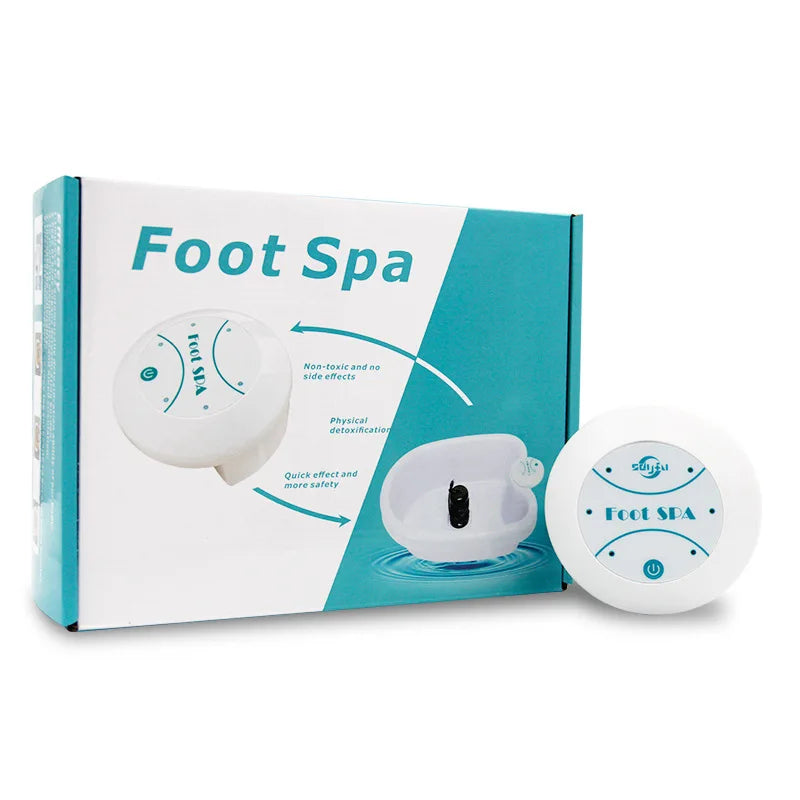 White detox ion electric foot spa machine with round control unit and basin on product packaging box.