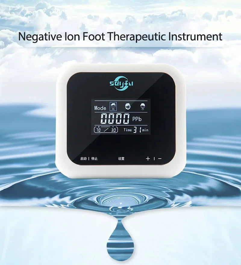 Ionic foot bath detox machine with touch display, white square console for professional ion cleanse spa therapy.