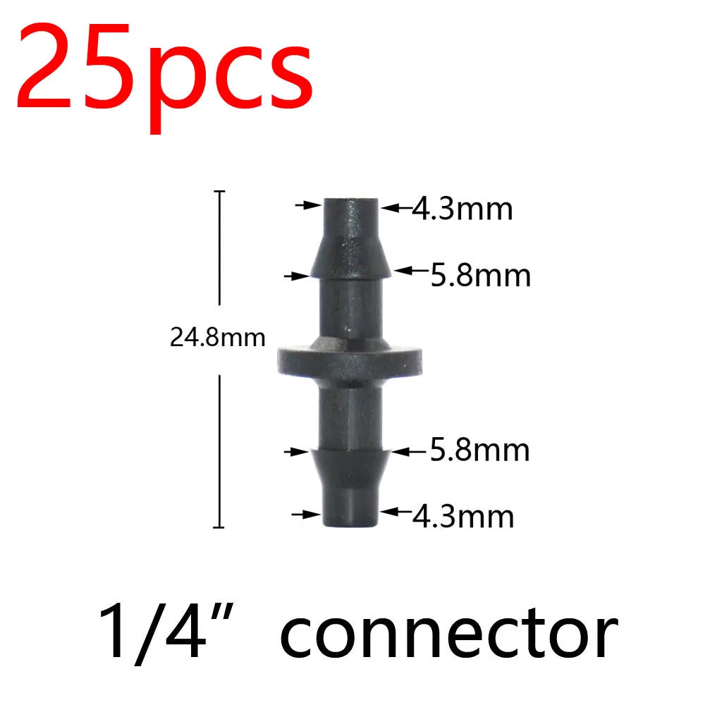Black barbed 1/4 in hose connector plug for drip irrigation lines, cross end