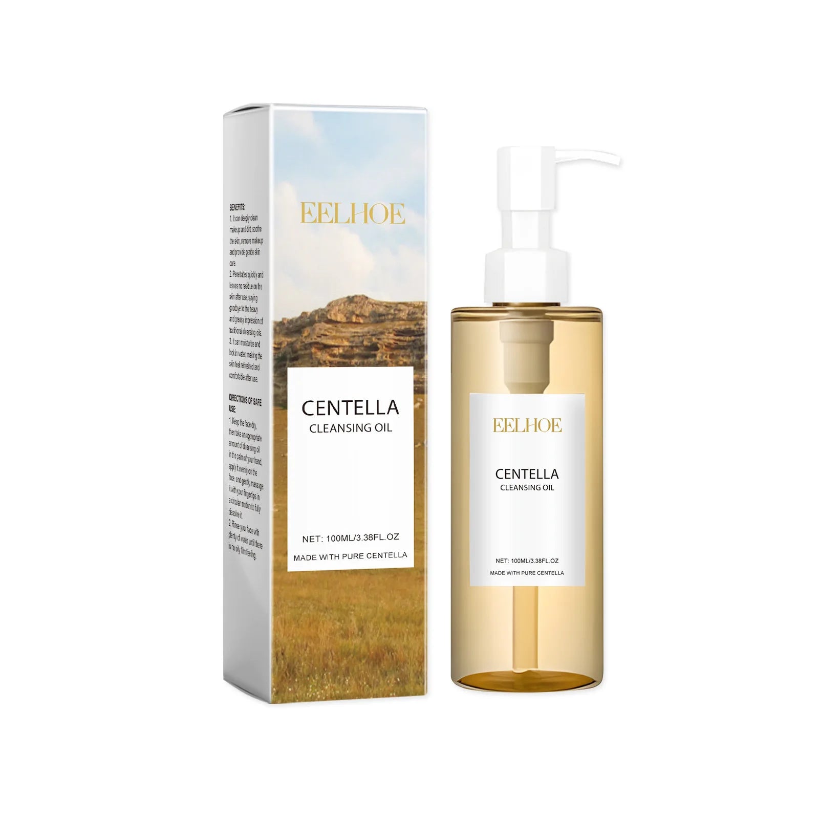 Centella cleansing oil bottle with pump and matching product box