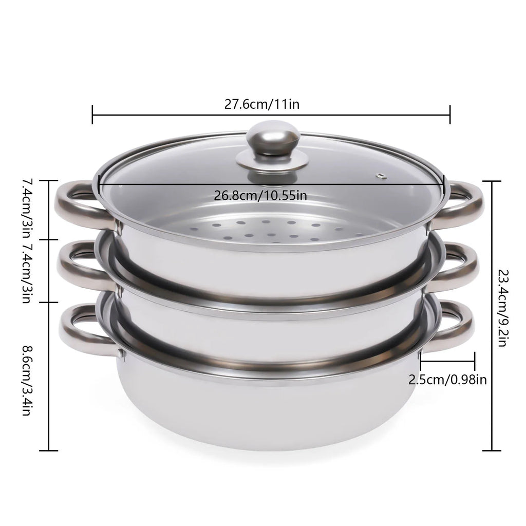 Stainless steel 3-tier steamer set with perforated insert and domed lid.