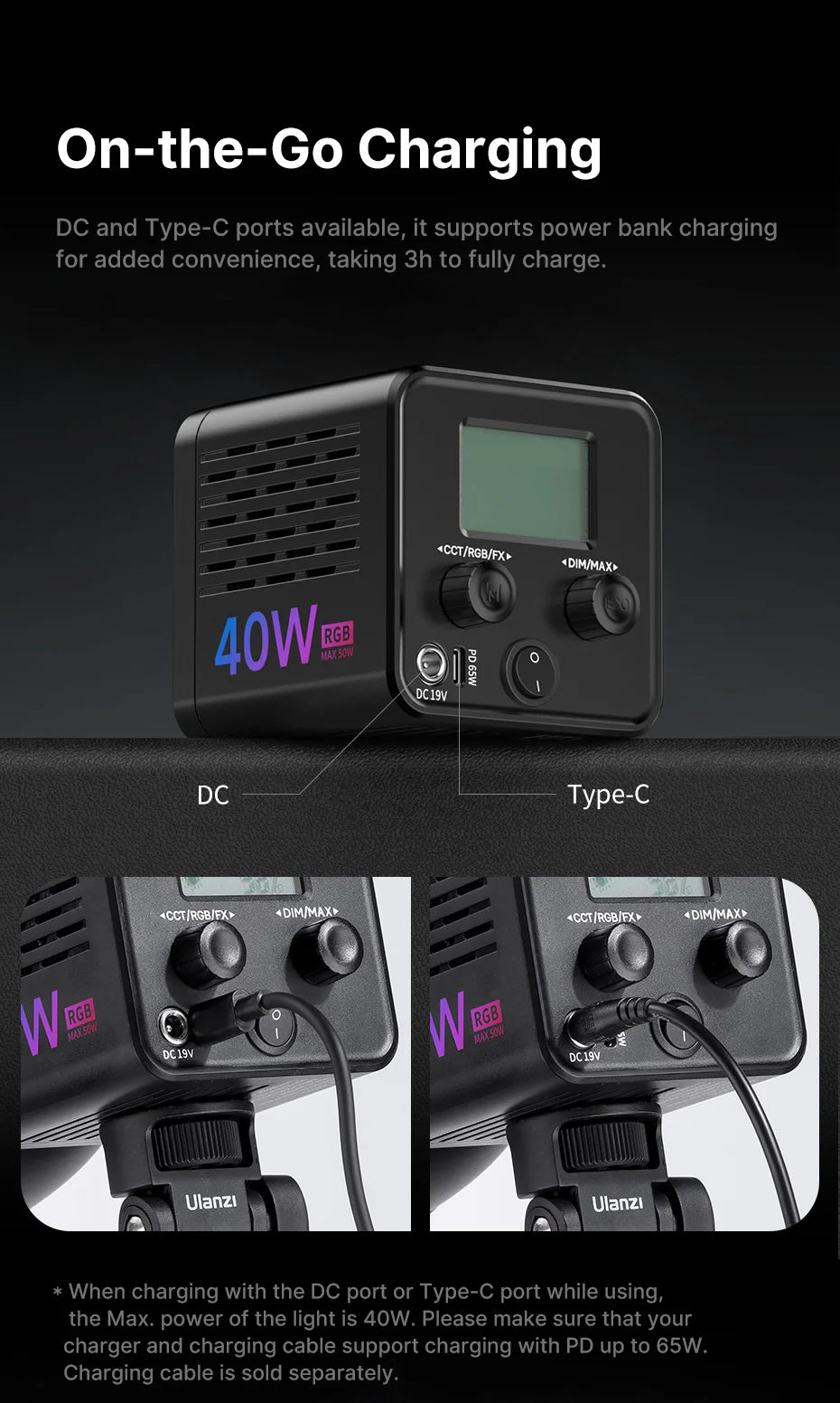 Black rectangular LED light controller with DC and USB-C charging ports, LCD screen, and adjustment knobs for lighting.