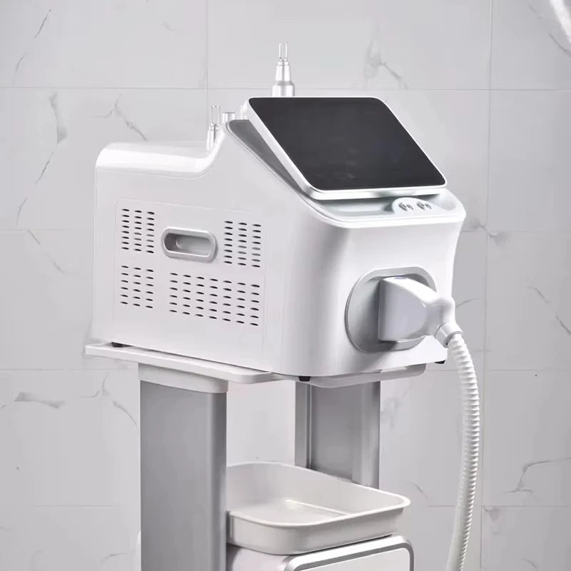 Portable 4000W Nd:YAG Picosecond laser machine with white casing, touchscreen, and handheld applicator on a cart.