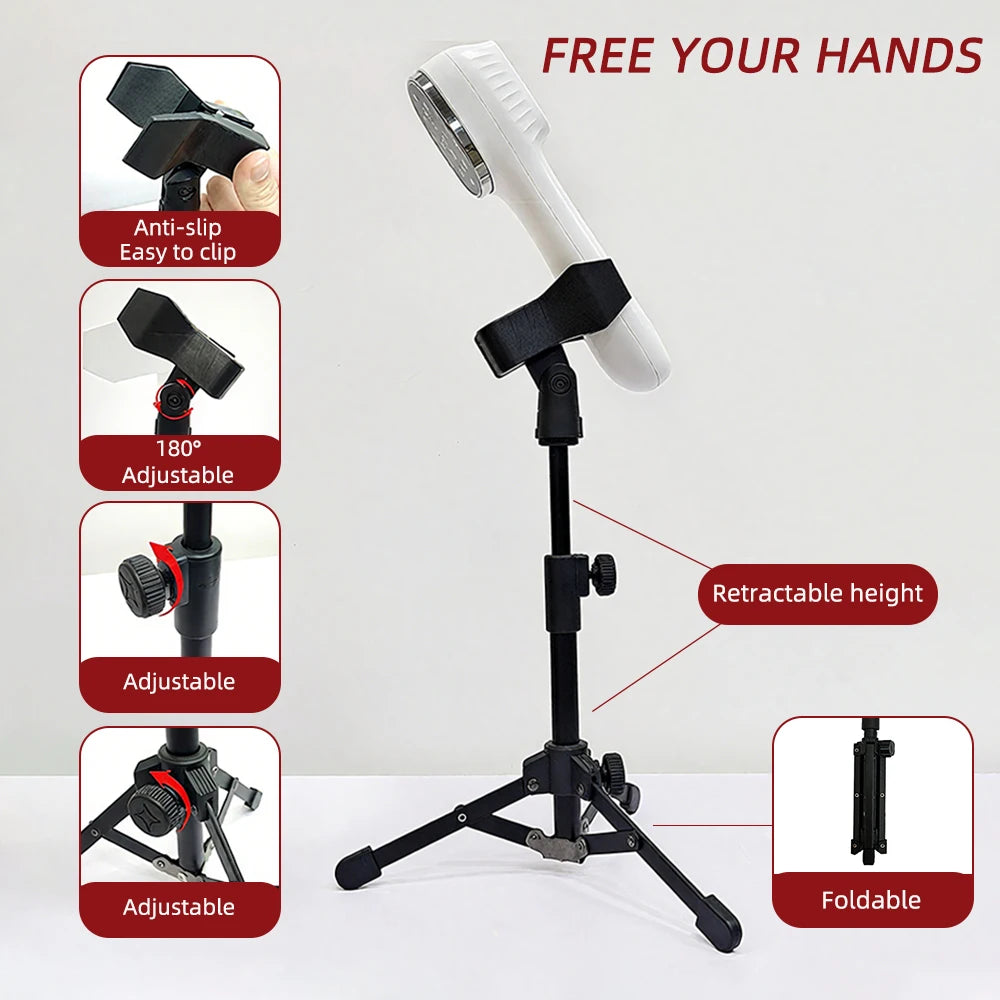 Adjustable black tripod stand for a white handheld red light therapy device, featuring clip, height, and fold options.