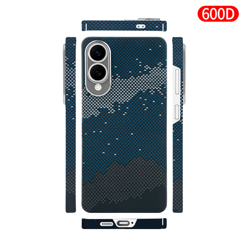 Blue and grey pixel-pattern phone case with camera cutouts, providing protective coverage for all sides of a smartphone.