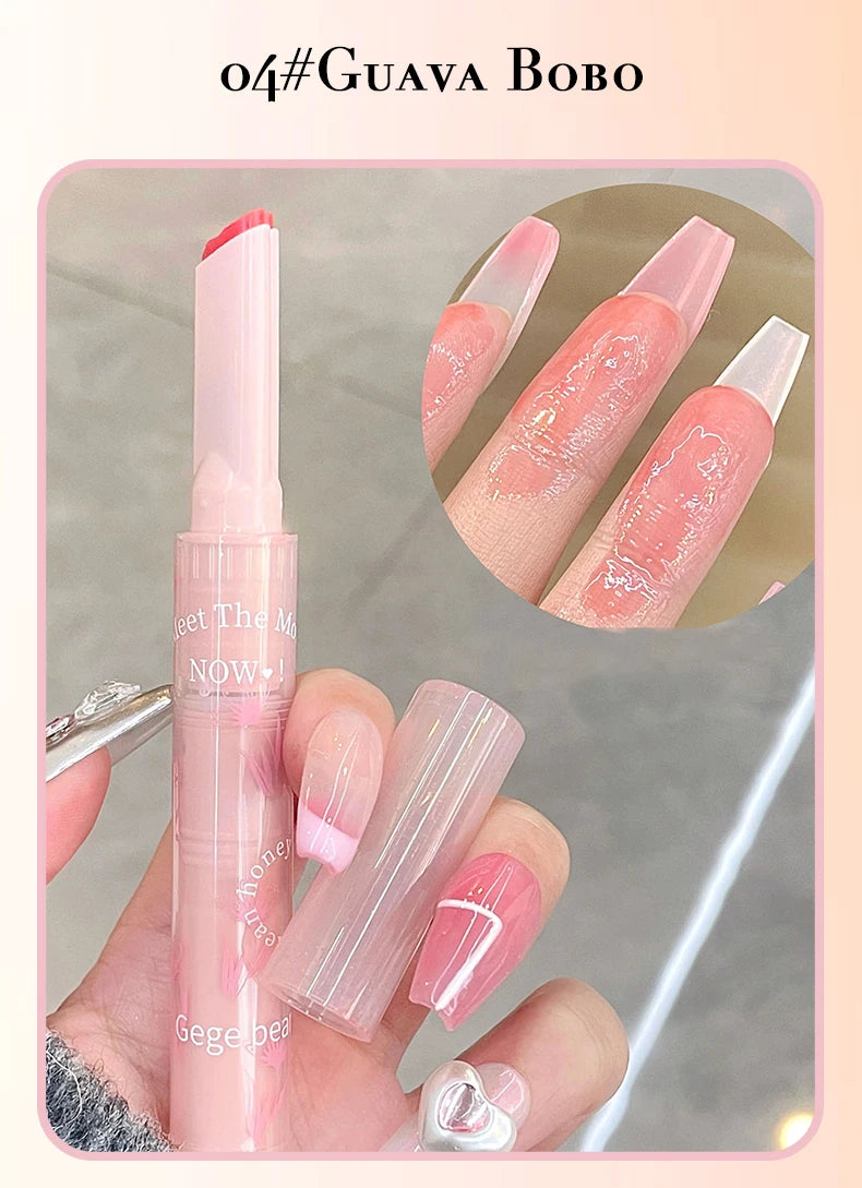 Gege Bear Guava Bobo moisturizing lipstick in a pink heart-shaped bullet with a glossy, jelly-finish lip makeup look.