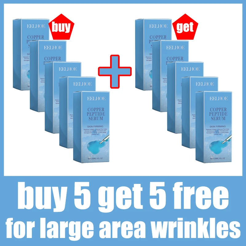 Ten blue boxes of EELHOE Copper Peptide Serum in a buy 5 get 5 free promotion.