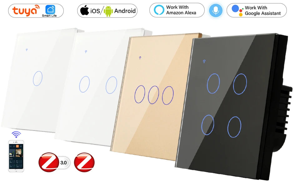 ZigBee 1 2 3 4 Gang with No Neutral Smart Touch Light Switch EU Europe UK Wall Button Tuya Power 2 3 Way Alexa Smart Home Voice