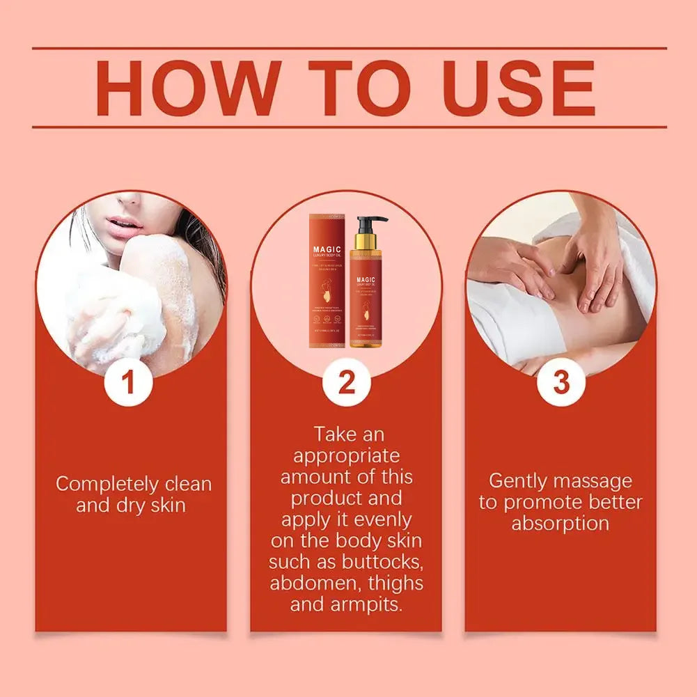 Three-step instruction graphic for firming body oil, showing application, a pump bottle, and massage techniques.