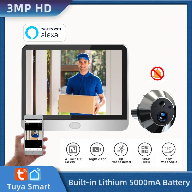 3MP Tuya Smart Security Outdoor House Door Video Eye With Camera Alexa PIR Motion Detect Wifi Peephole Door Camera For Home