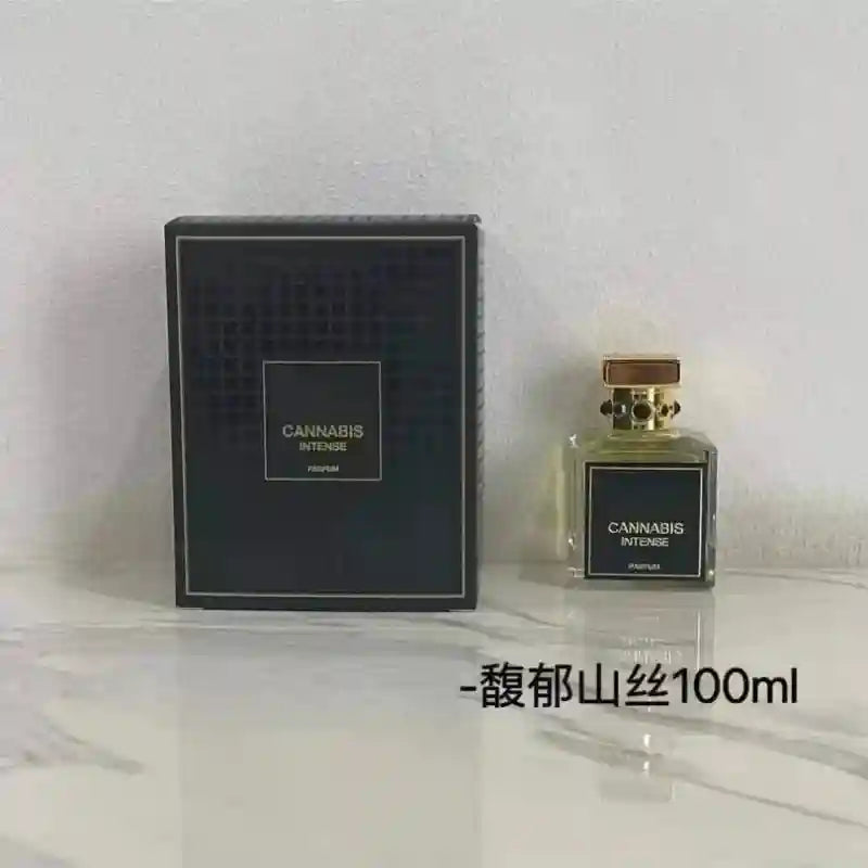 Cannabis Intense Parfum: woody aromatic unisex fragrance in a square glass bottle with a luxury gift box. 100ml.