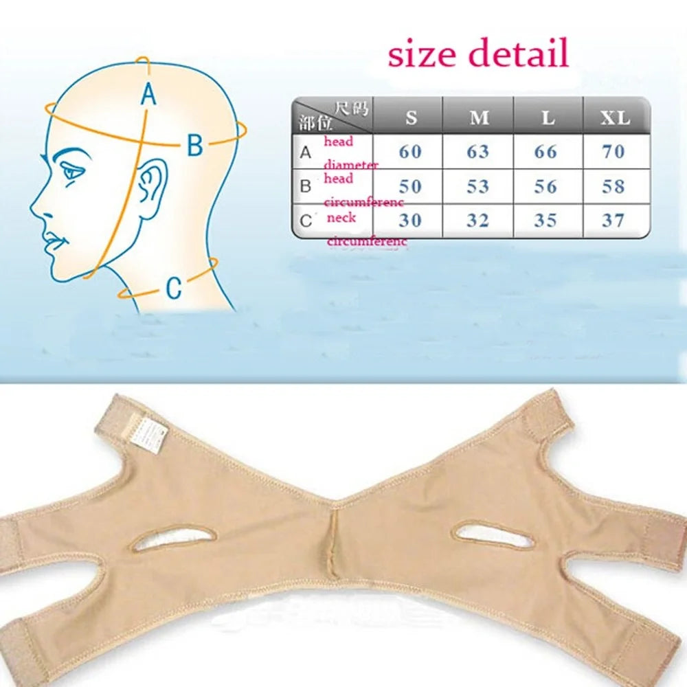 Beige V-line face slimming bandage with ear cutouts and a size chart diagram showing head and neck measurements.