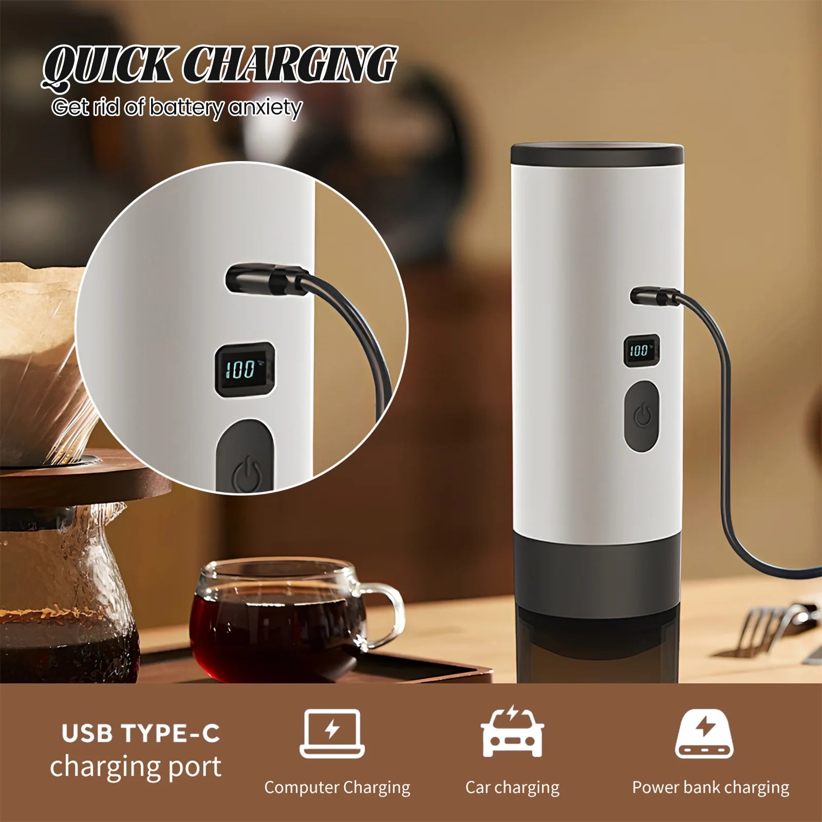 White portable rechargeable coffee maker with USB-C charging port, LED battery display, and sleek modern design.