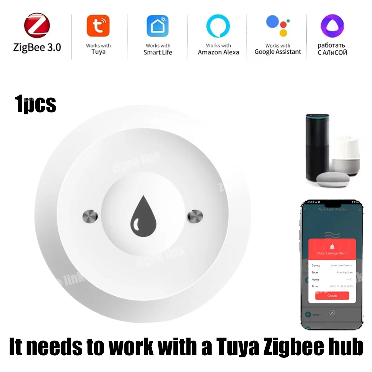Smart Water Leak Sensor ZigBee 3.0 Flood Alarm for Home Automation 1PC Zigbee Tidesmit