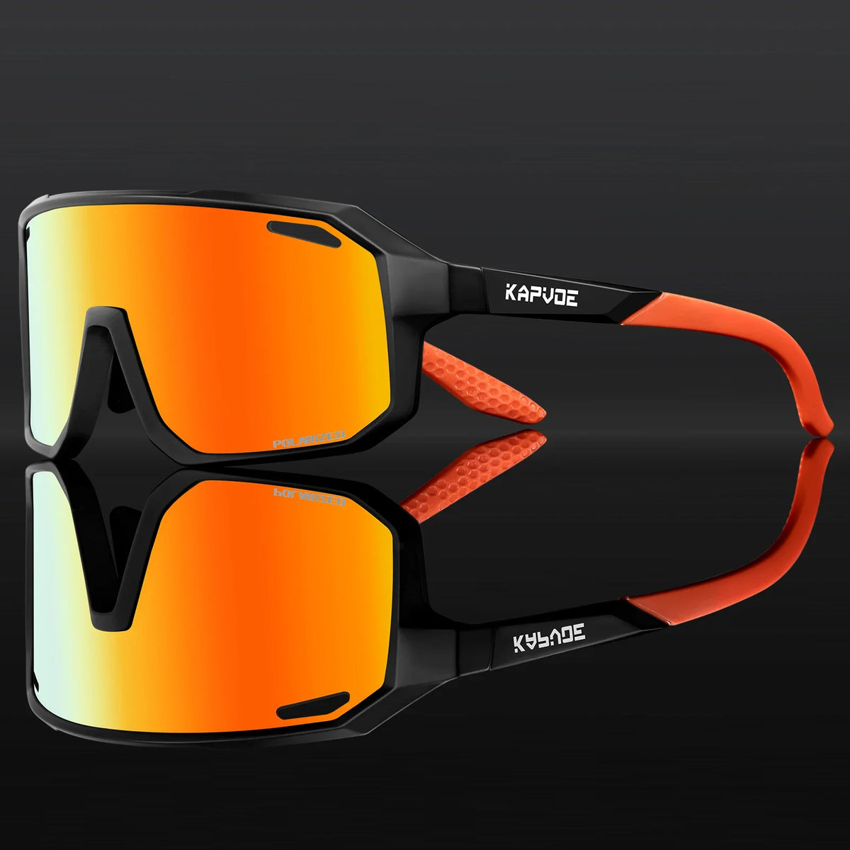 Sport sunglasses for kids with orange mirrored lenses and black frame with orange side arms