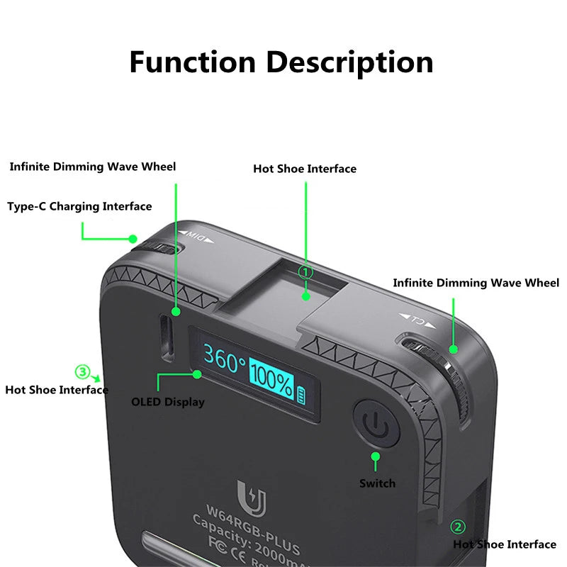 W64RGB-PLUS rectangular LED light with OLED display, hot shoe mounts, charging port, and dimming wheels.