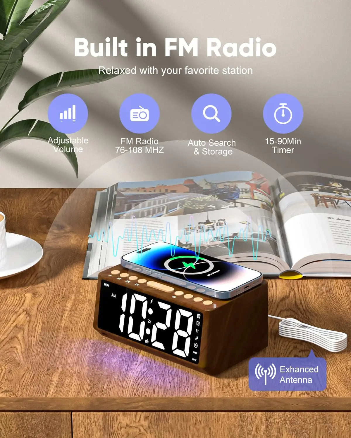 Wooden Digital Alarm Clock with Wireless Charger & Bluetooth Speaker Tidesmit