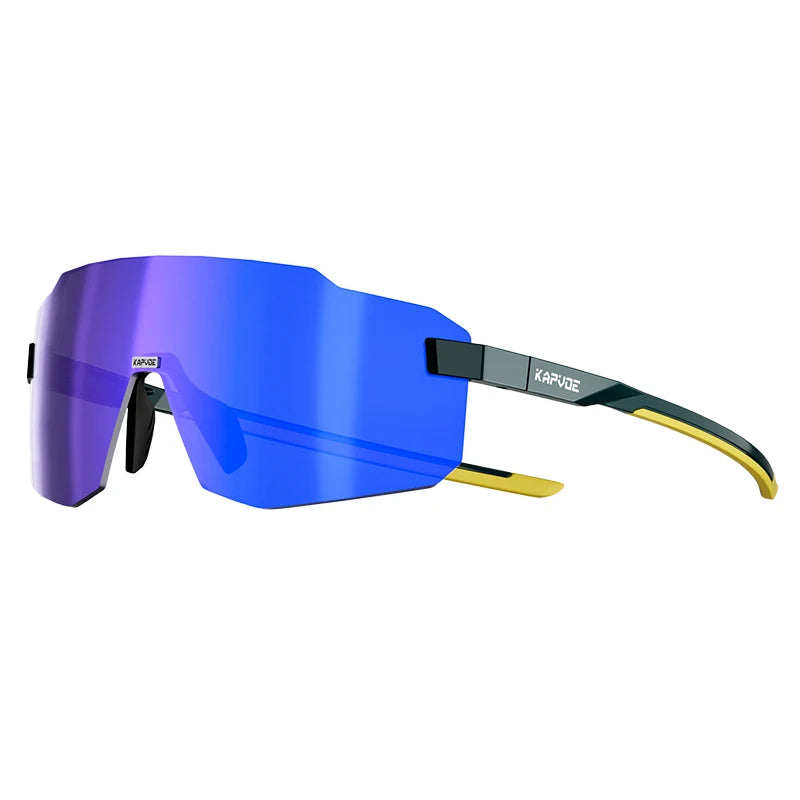 Sport cycling sunglasses with blue-purple mirrored lenses and yellow-accent frame