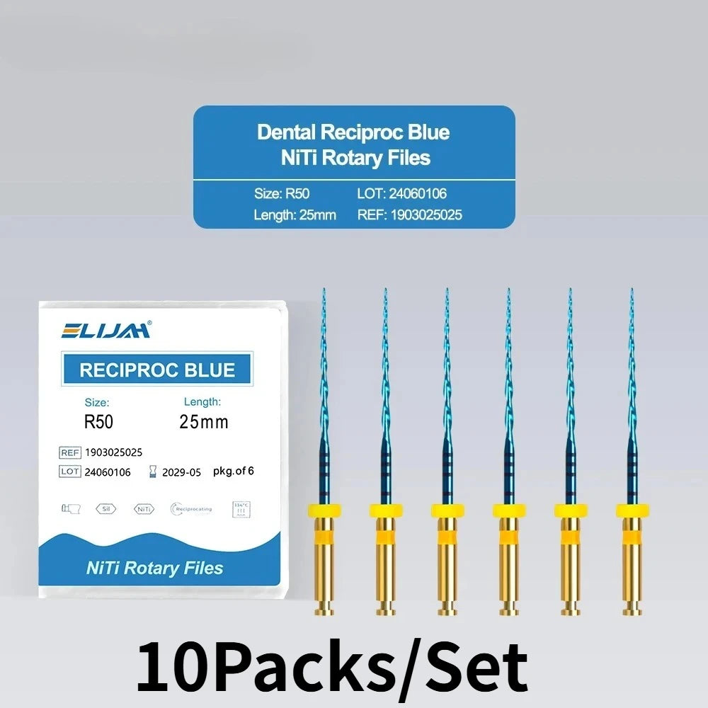 SYJH 10-pack blue NiTi dental reciprocating rotary endodontic files, 25mm R50 root canal instruments with gold handles.