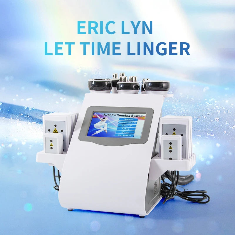 White 6-in-1 body slimming machine with a touchscreen display and multiple rounded treatment heads on a blue background.