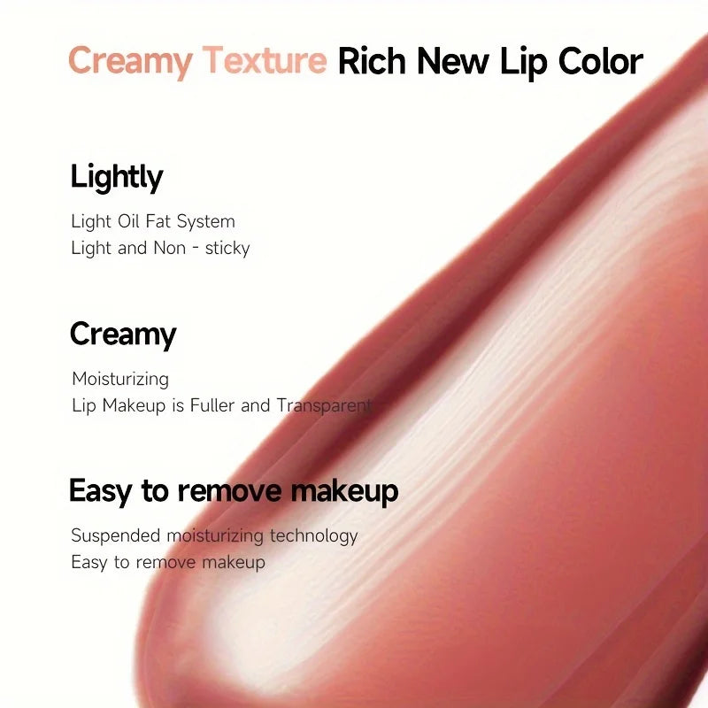 Swatch of creamy, moisturizing nude-red butter lip cream. High-pigment, non-sticky liquid lipstick makeup texture.