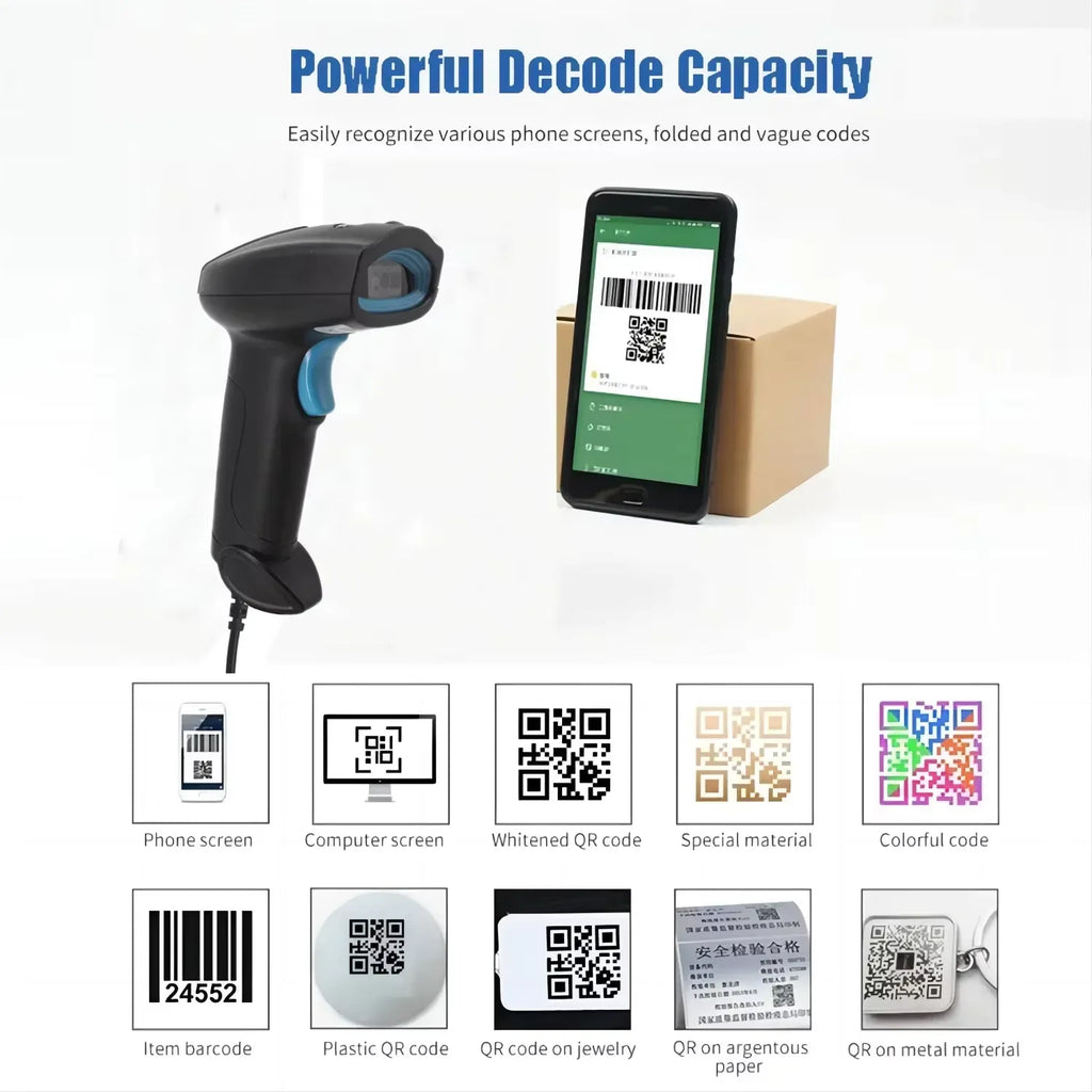 Wireless 2D 1D Barcode Scanner Handheld QR Code Reader Drop Resistant