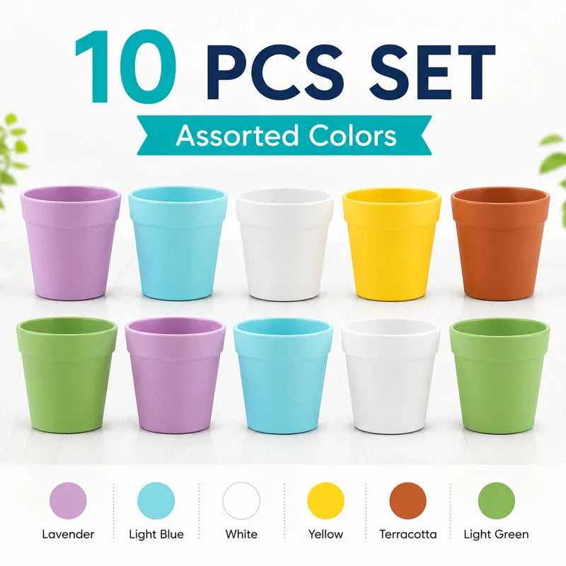 Set of 10 mini round plastic flower pots in lavender, light blue, white, yellow and terracotta