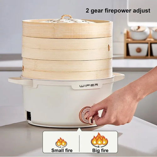 2.2L double-layer bamboo steamer electric cooking pot with rotary heat control and handles